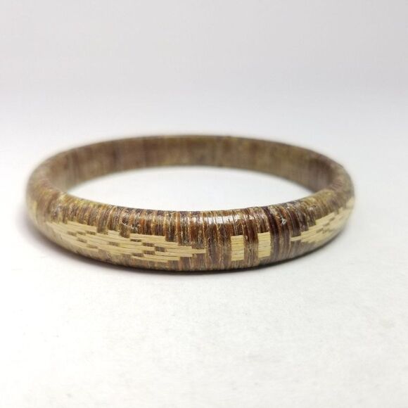 Vintage Brown and Tan Woven Braided Grass Bangle Bracelet Tribal Design Jewelry - Picture 3 of 6